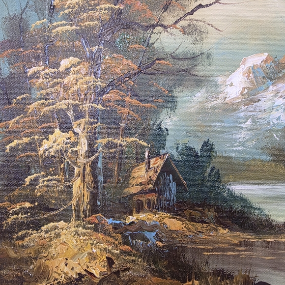 Vintage G. Whitman Oil Painting | Autumn Mountain Lake & Cabin | Gold Frame 21" - Picture 10 of 17